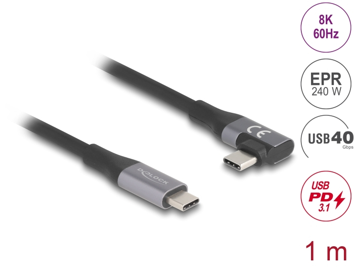 Delock USB-C 40Gbps PD 3.1 240W DP 1.4, 1m 90°, málmgrár - image 3 [d90ae960f7]