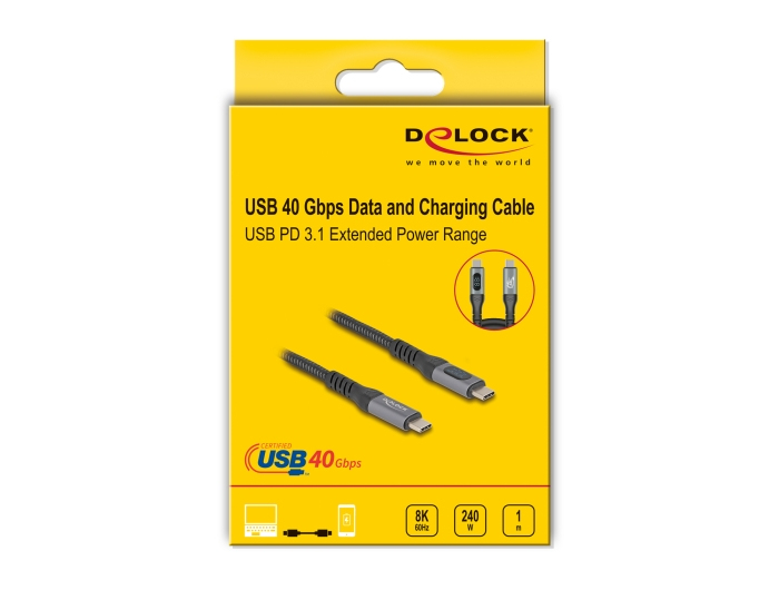 Delock USB-C 40Gbps PD 3.1 240W DP 1.4 8K hleðslukapall með LED skjá, 1m, málmgrár - image 11 [ff18723bad]