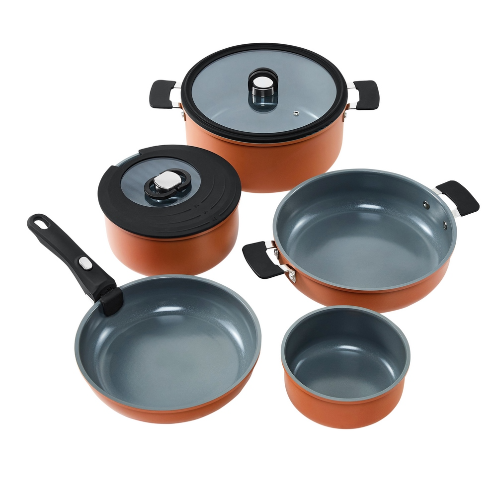 [REST-4260709015910] Resto Save & Stock Terracotta 3+2 pottasett, með glerlokum og ásmellanlegu handfangi