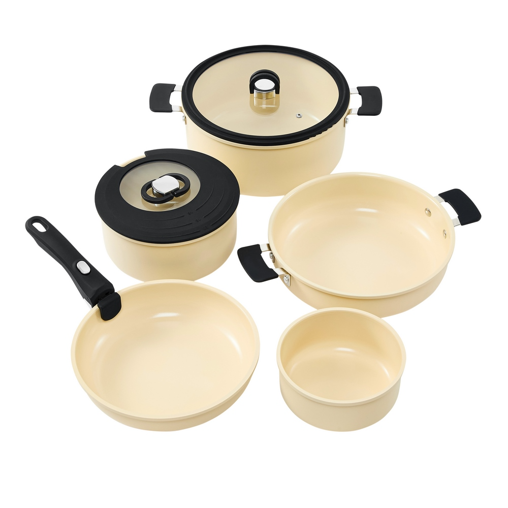 Resto Save & Stock Beige 3+2 pottasett, með glerlokum og ásmellanlegu handfangi