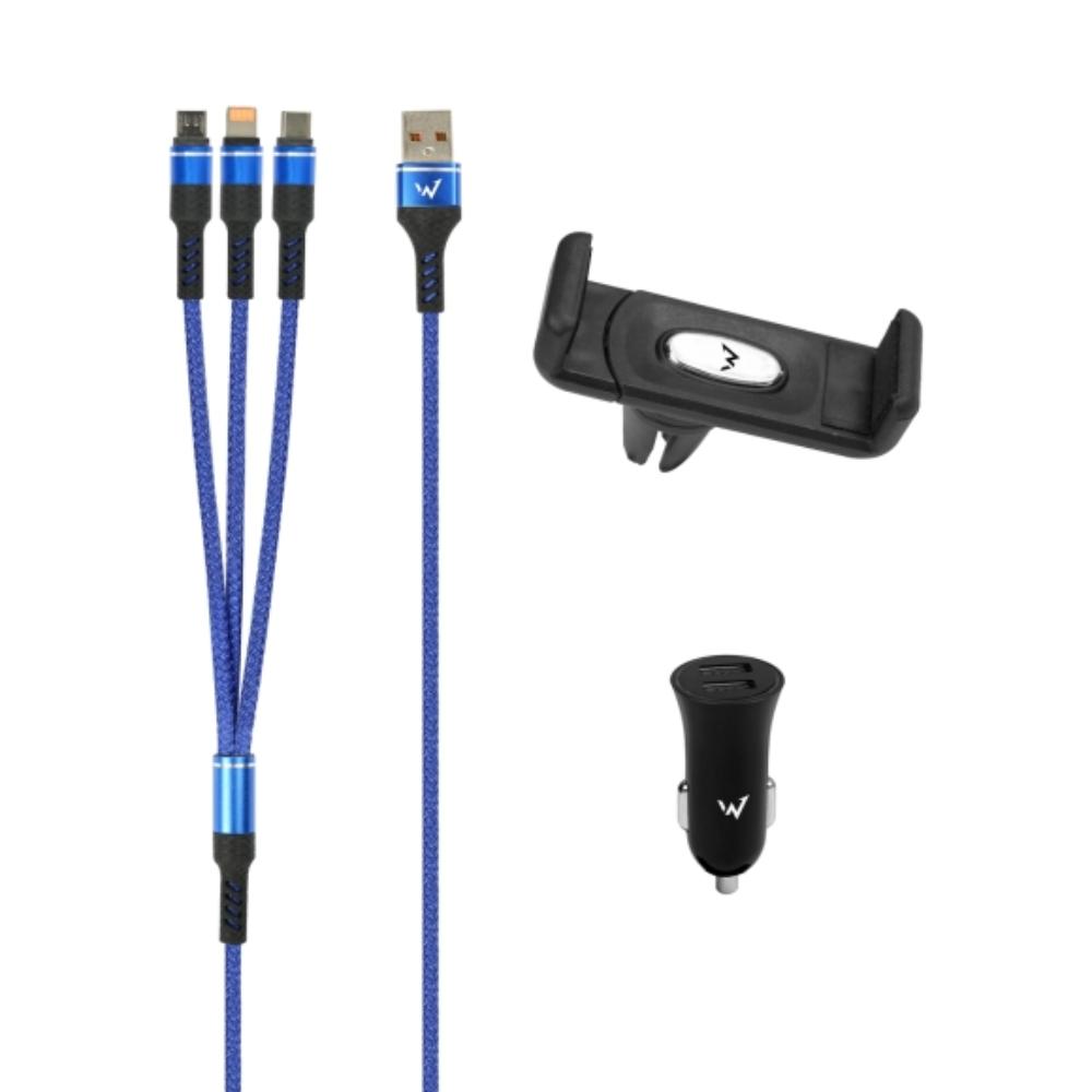 [WD12KIT] 12W Energizer 2x USB-A hleðslutæki í bíl með klemmu og 3-in-1 hleðslukapal
