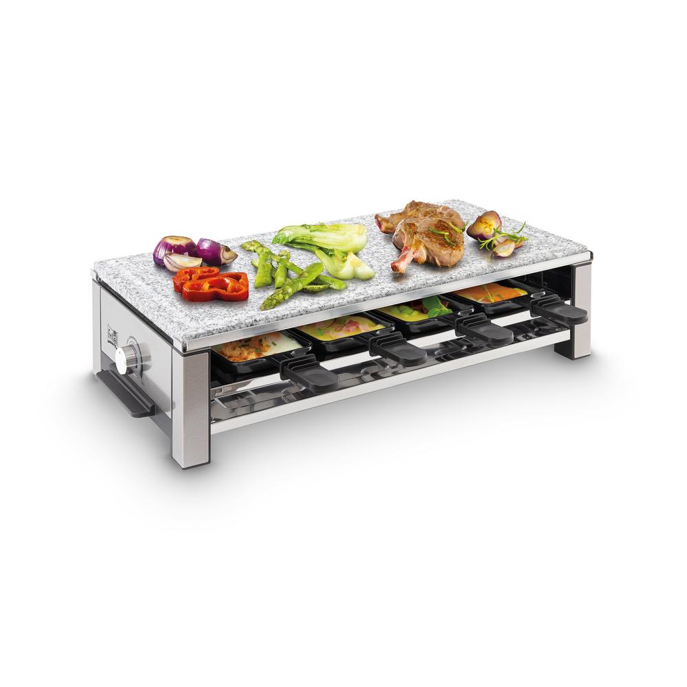 [142860] Fritel Stone Raclette Grill með náttúru stein og 8 pönnum, grátt
