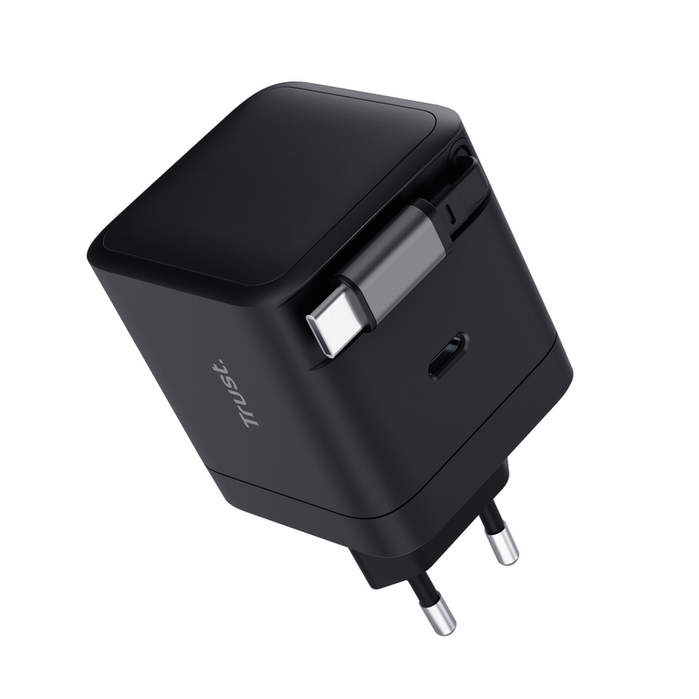 65W Trust Maxo USB-C PPS PD hleðslutæki með útdraganlegum USB-C kapli, svartur