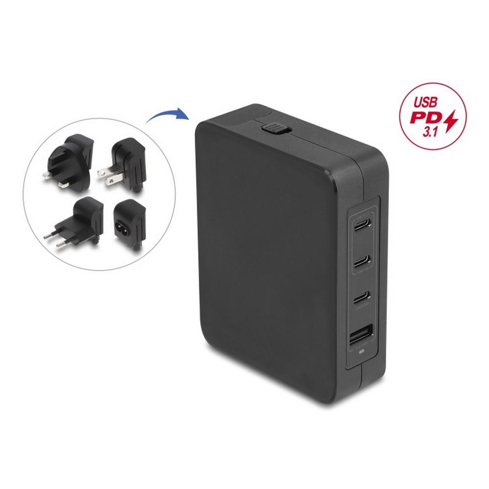 [41473] 145W Delock 3x USB-C, 1x USB-A PD GaN EU/UK/US breytikló og hleðslutæki