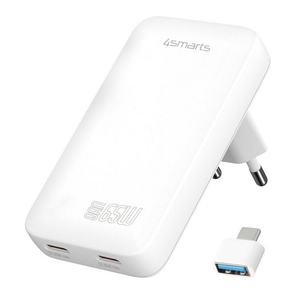 [542065] 65W 4smarts 2x USB-C GaN hleðslutæki með USB-C í USB-A breyti, hvítt