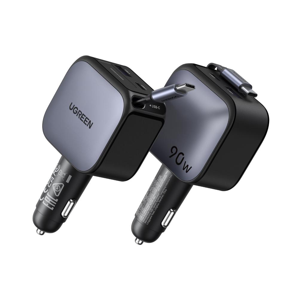 [55909B] 90W UGREEN 1x USB-C, 1x USB-A PD QC hleðslutæki í bíl með útdraganlegum USB-C kapli