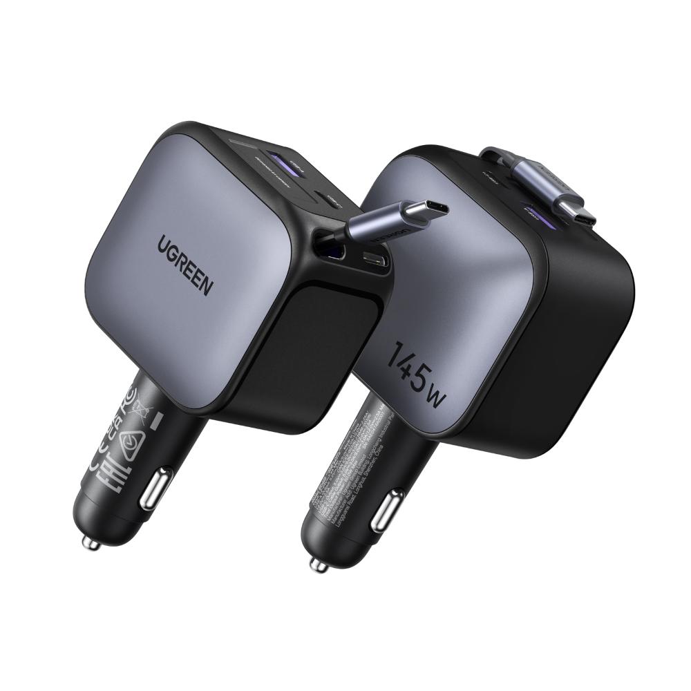 [55910B] 145W UGREEN 1x USB-C, 1x USB-A PD QC hleðslutæki í bíl með útdraganlegum USB-C kapli
