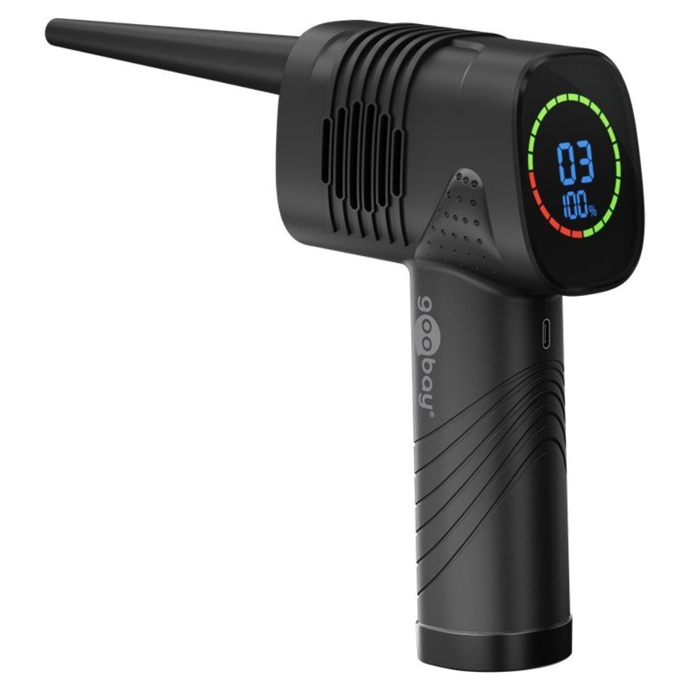 [61667] Goobay þráðlaus USB-C rykblásari með 5 hausum og innbyggðum skjá, svartur