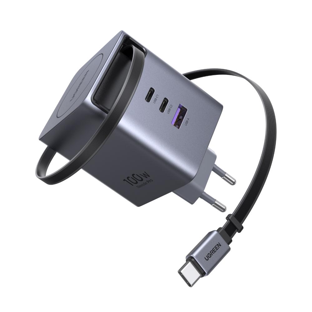 [65828] 100W UGREEN 2X USB-C, 1x USB-A PPS PD QC GaN hleðslutæki með útdraganlegum USB-C kapli