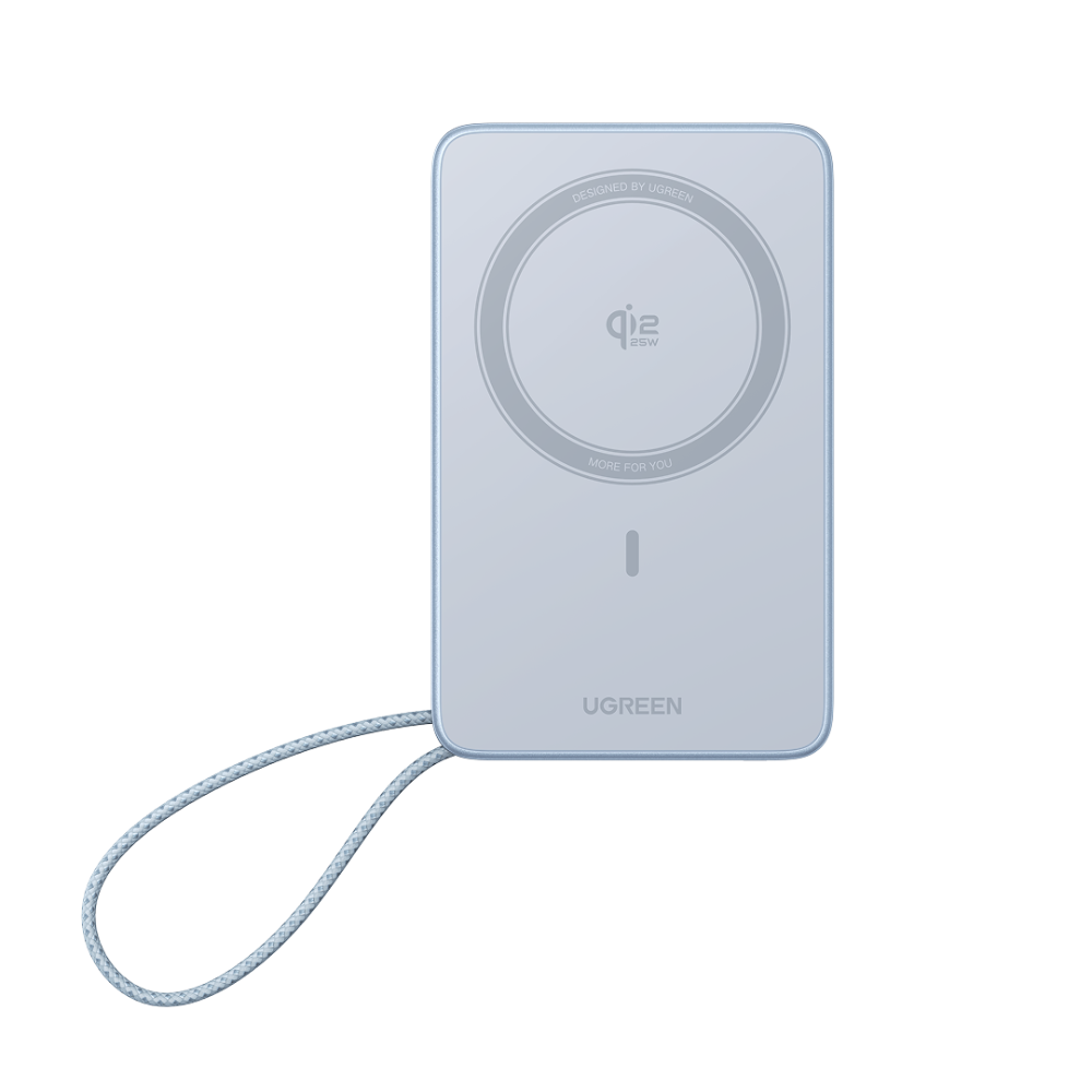 [65958B] UGREEN MagFlow 10.000mAh ferðarafhlaða, Qi2.2 þráðlaus hleðslu, innb. USB-C kapall