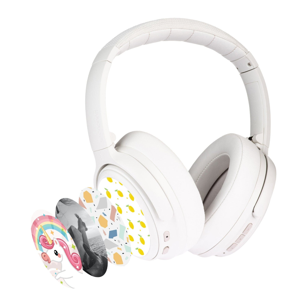 BuddyPhones Cosmos Fun þráðlaus ANC BT krakkaheyrnartól með hljóðnema, hvít