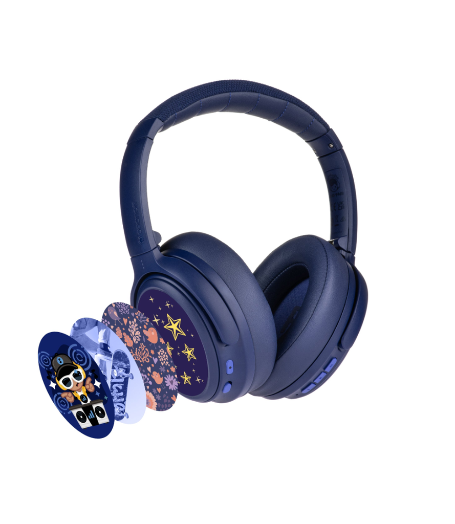 BuddyPhones Cosmos Fun þráðlaus ANC BT krakkaheyrnartól með hljóðnema, blá