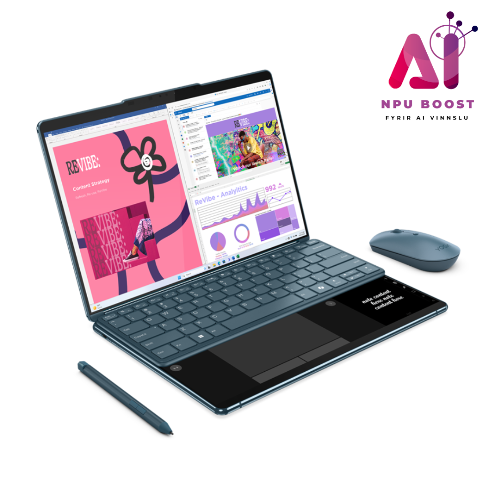 [83FF000MMX] Lenovo Yoga Book 9 2in1 AI fartölva, 2x13.3" OLED 2.8K Intel Ultra 7-155U AI 32GB 1TB W11P, Penni, Teal