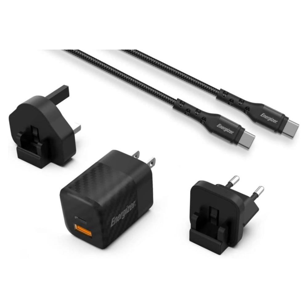 38W Energizer 1x USB-C, 1x USB-A PD QC GaN EU/UK/US ferðahleðslutæki með USB-C kapli, svart
