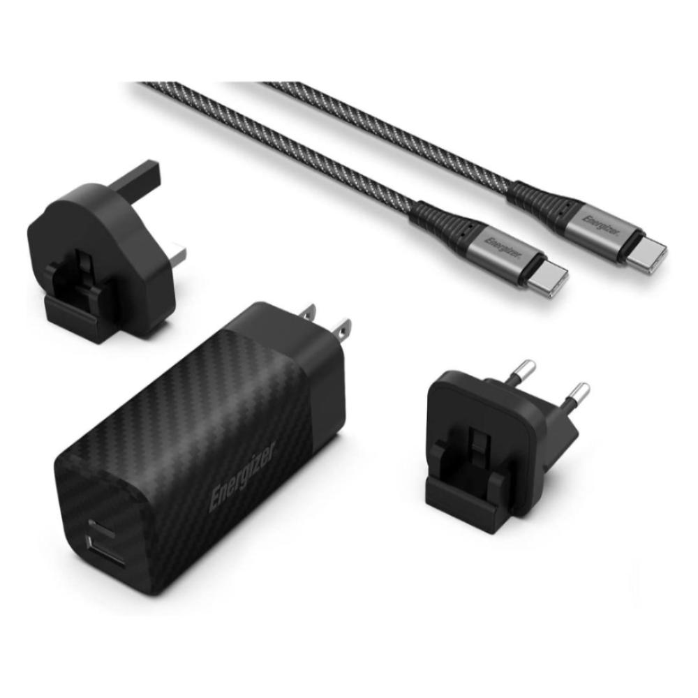 [A65MUC] 65W Energizer 1x USB-C, 1x USB-A PD GaN EU/UK/US ferðahleðslutæki með USB-C kapli, svart
