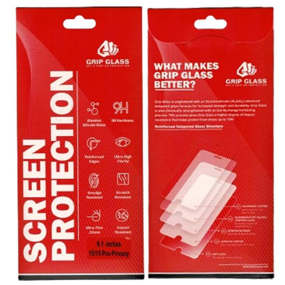 Grip Glass - Tempered glass - Privacy varnargler fyrir iPhone 15 / 15 Pro / 16