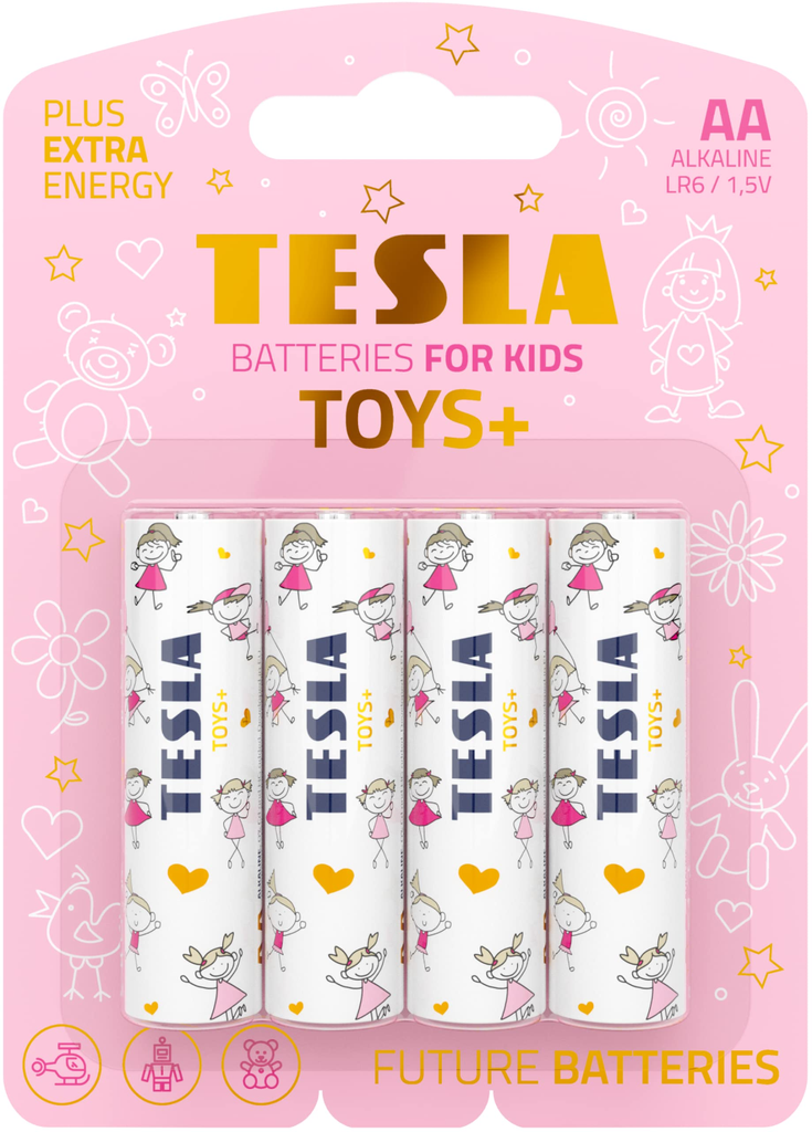 [11060421] Tesla Batteries AA Toys+ hágæða rafhlöður fyrir leikföng, 4stk bleikar