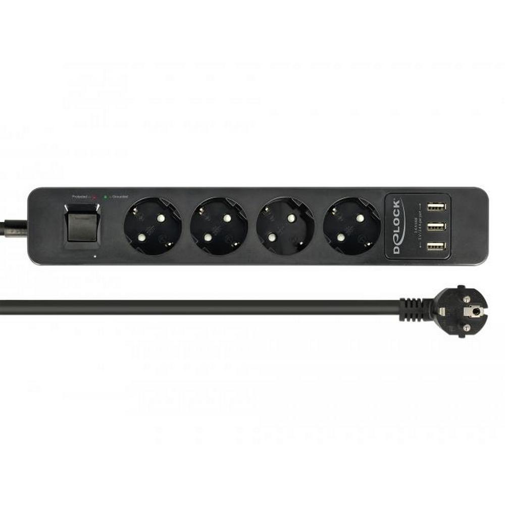 [11209-DEL] Delock Fjöltengi 4 x Schuko 230V með truflana síu og 3 x USB 1,5m