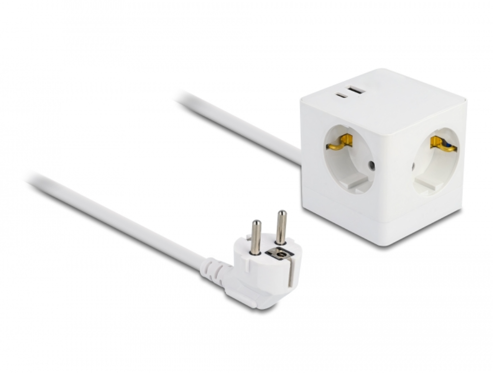 [11502] Delock Cube 1,5m fjöltengi, 3x Schuko 1x USB-A og 1x USB-C PD 3.0 20W
