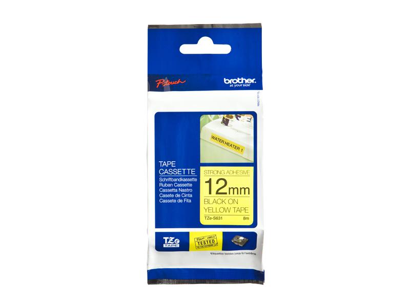 [BROTZS631] Brother TZeS631 límborði með sérlega sterku lími, 12mm x 8m, svart á gulu