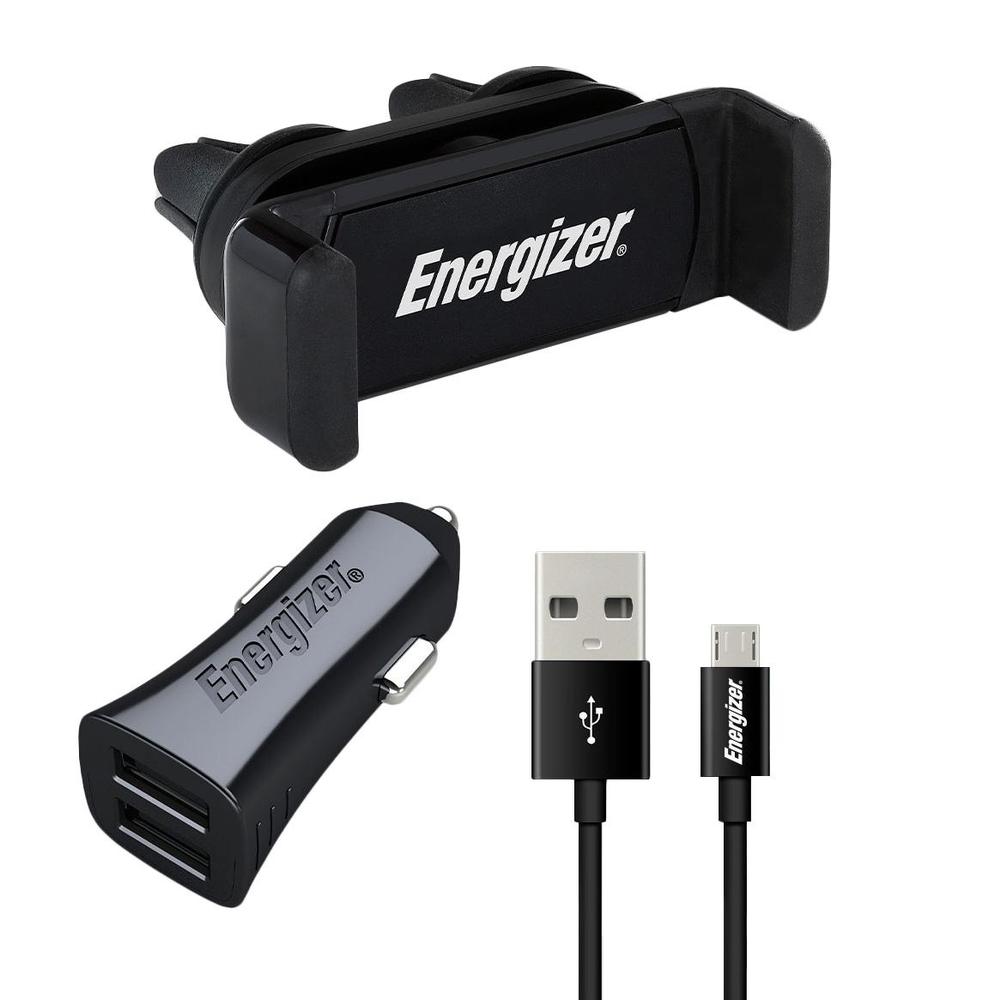 [CKITB2CMC3] 12W Energizer 2x USB-A hleðslutæki í bíl með festingu fyrir snjallsíma og Micro-B kapli, svart