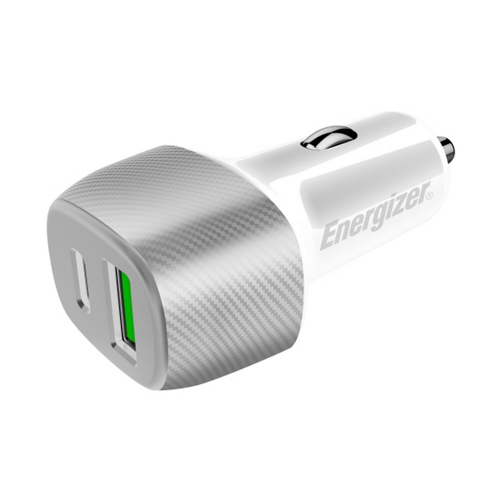 38W Energizer 1x USB-C, 1x USB-A PD QC hleðslutæki í bíl, silfurlitað