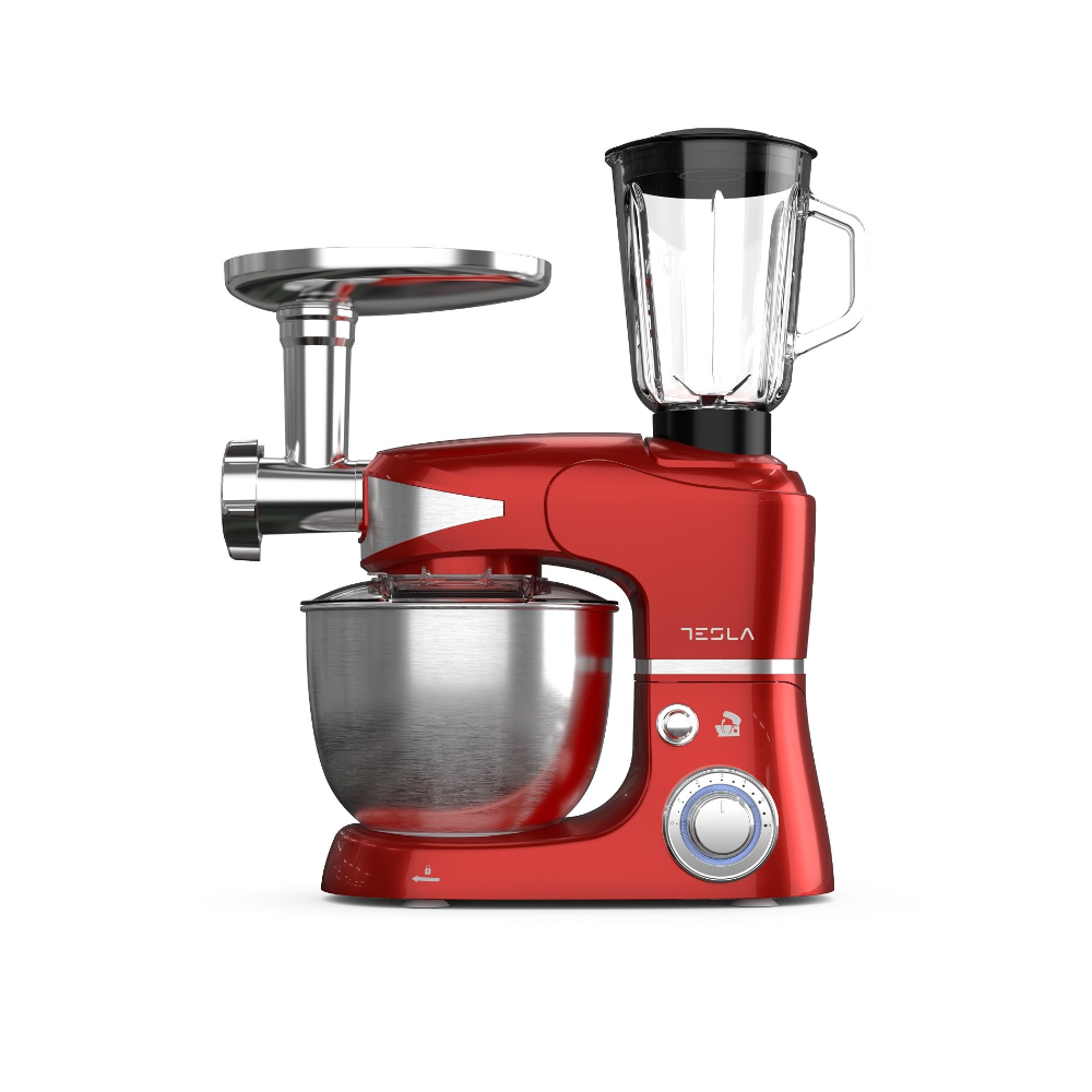 [KR600RA] Tesla 3in1 Kitchen Robot hrærivél, 5L hræriskál, 1.5L blandari, Hakkavél, 1000W, Metalic rauð