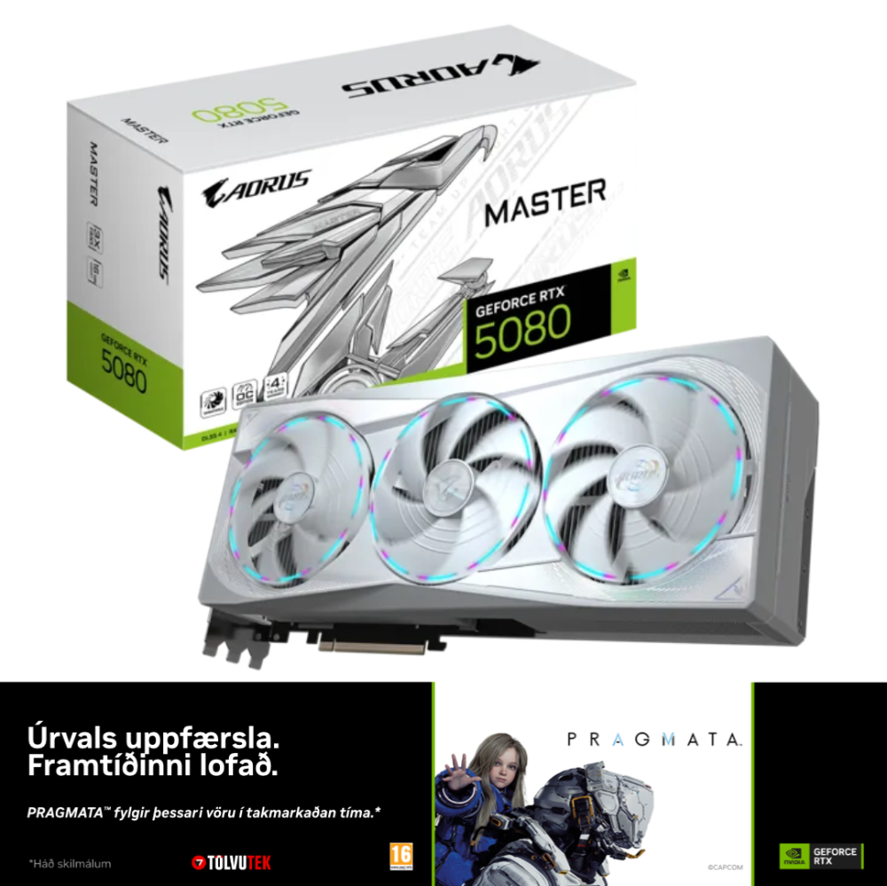 [N5080AMICE-16GD] Gigabyte GeForce RTX 5080 16GB Aorus Master Ice skjákort, hvítt