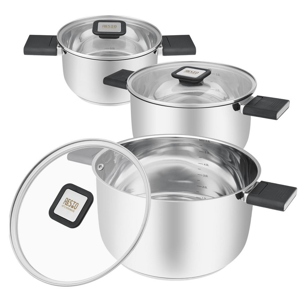 Resto Anser 3+3 pottasett, 1.6L, 3.2L, 5.8L með glerlokum og felli handföngum