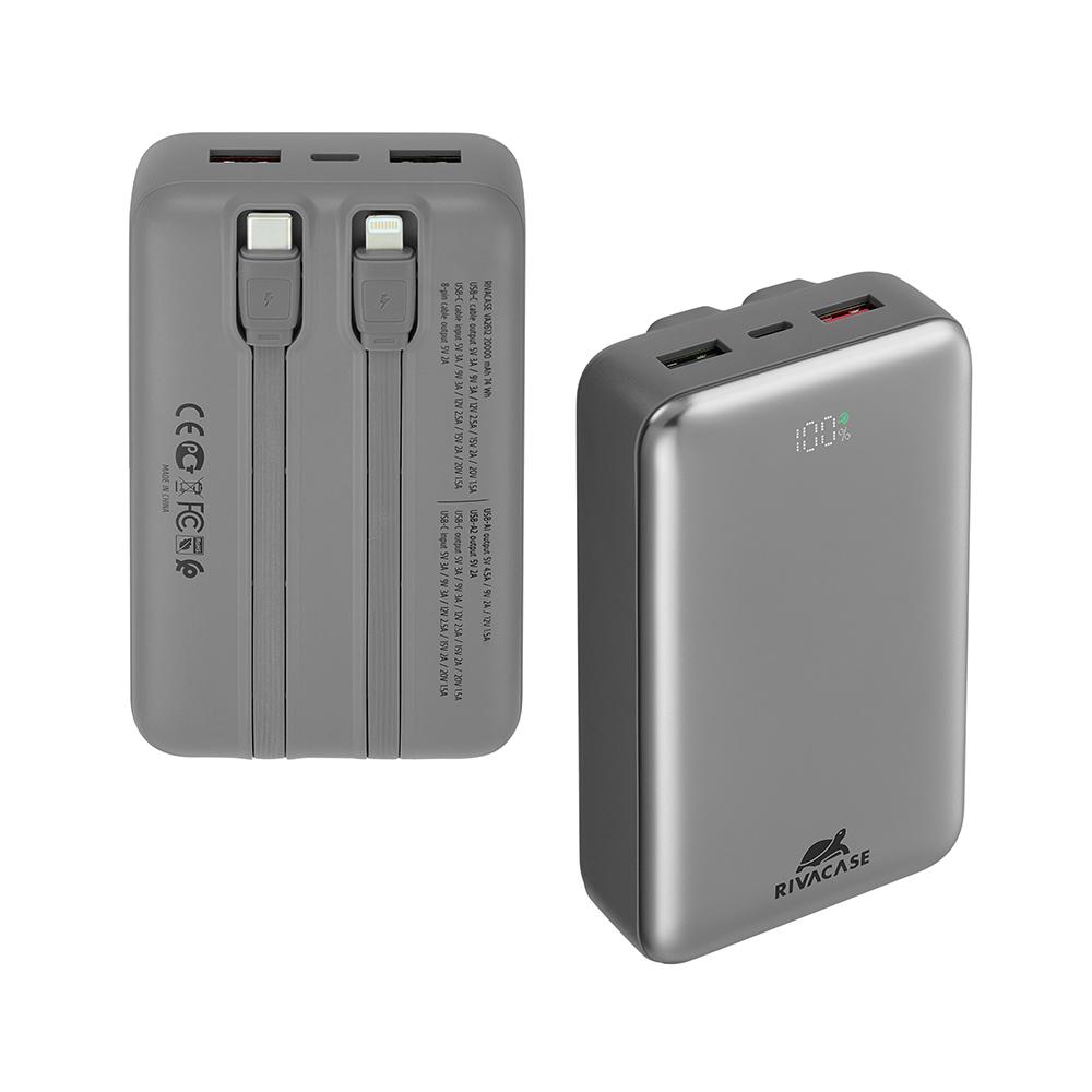 Rivacase VA2612 20000mAh ferðarafhlaða, PD 30W, með 2x innb.köplum, silfur