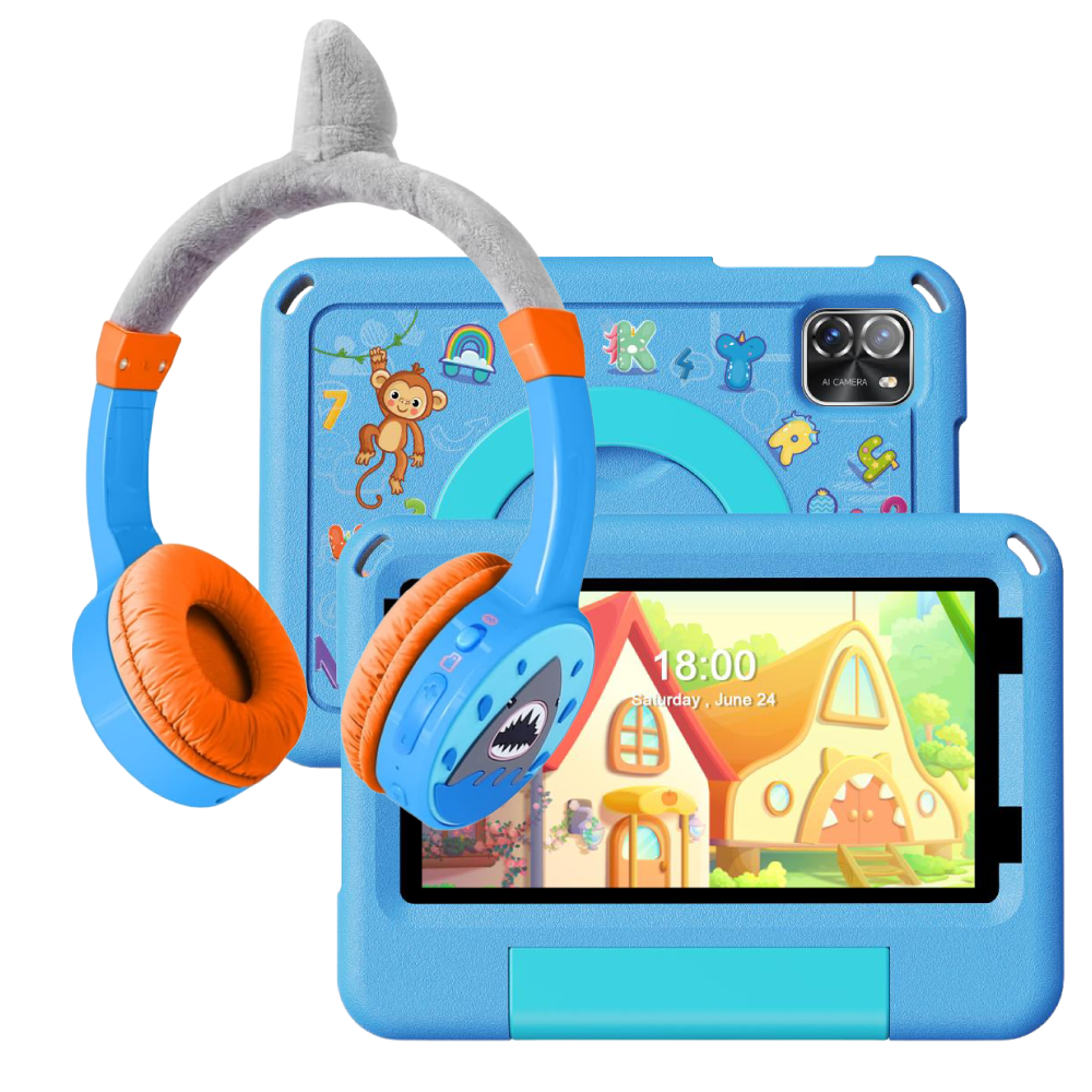 Pritom Kid Tab 7 spjaldtölvupakki með þráðlausum krakkaheyrnartólum og Bumper, blá