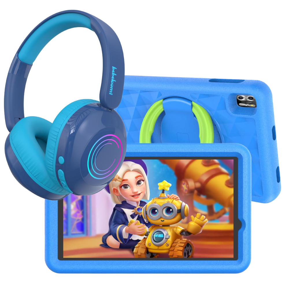 Pritom Kid Tab 8 spjaldtölvupakki með þráðlausum krakkaheyrnartólum og Bumper, blá