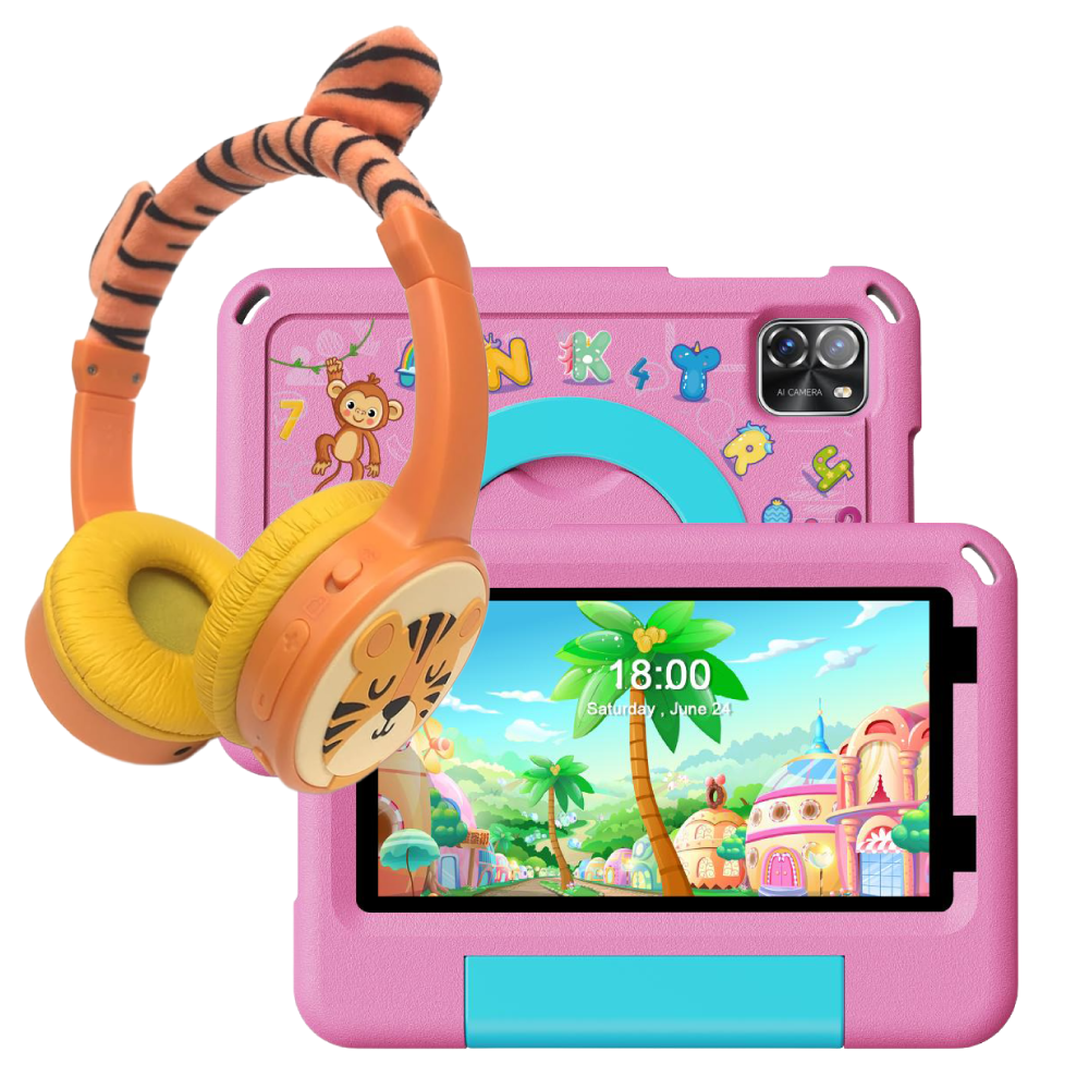 [S04-OR] Pritom Kid Tab 7 spjaldtölvupakki með þráðlausum krakkaheyrnartólum og Bumper, svört