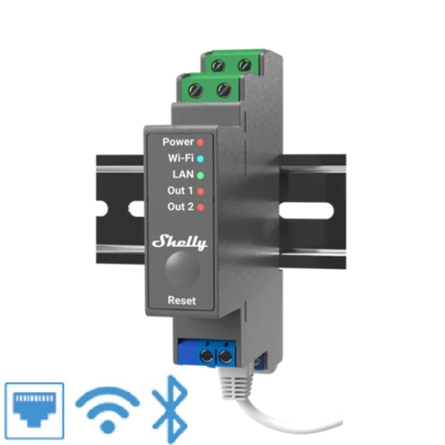 Shelly Pro 2 Relay tveggja rása WLAN LAN DIN-Rail 25A tveggja fasa