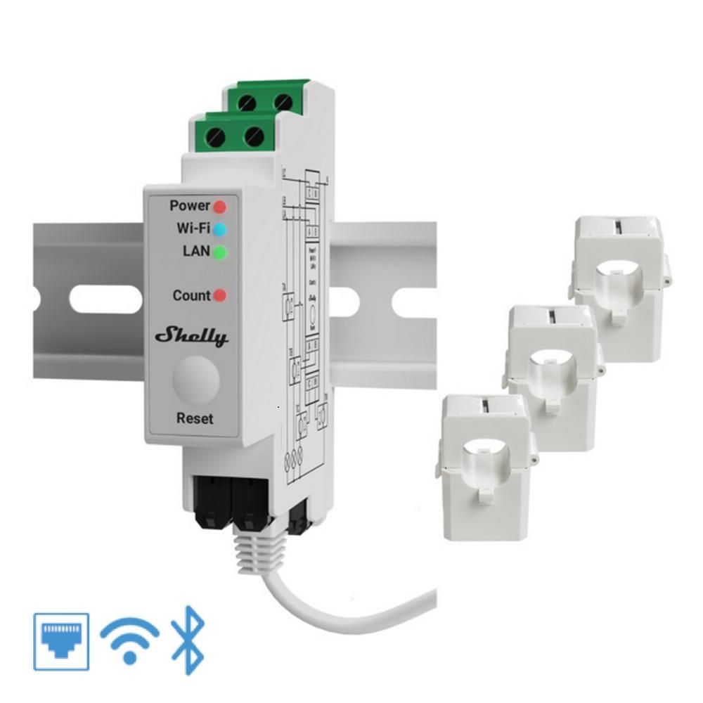 Shelly Pro 3EM 120A DIN-Rail WLAN LAN BT þriggja fasa með 3x straumnema