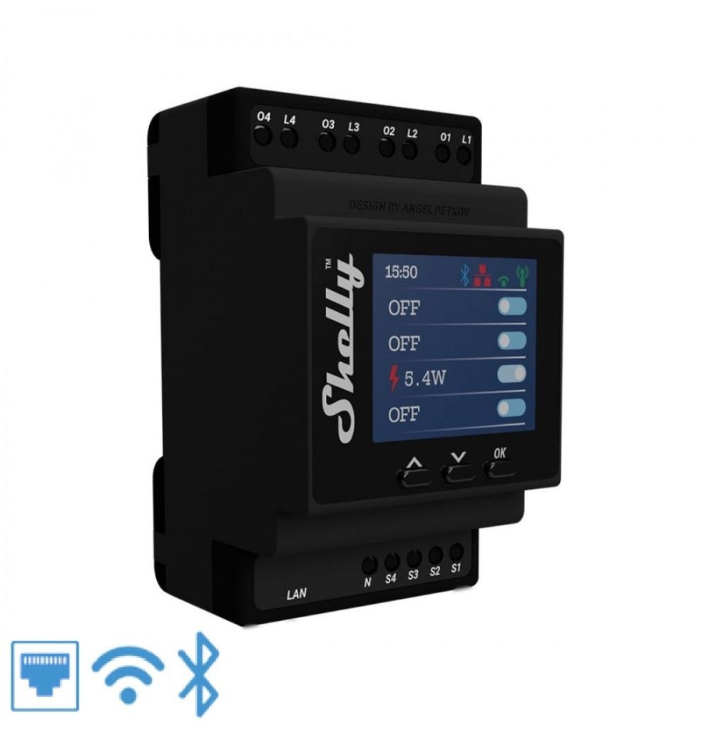 Shelly Pro 4PM Relay fjögurra rása WLAN LAN DIN-Rail 40A eins fasa með skjá