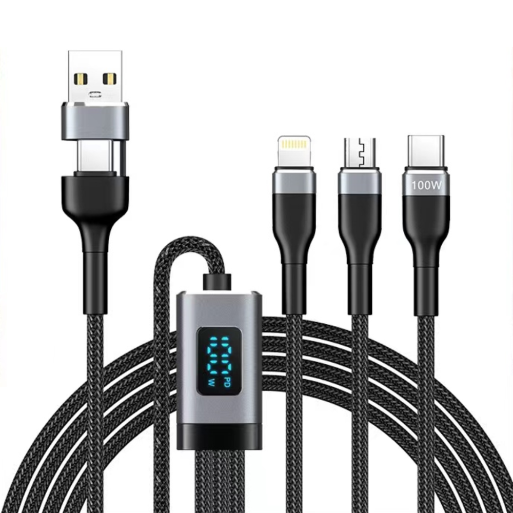 Telefunken 3in1 USB/USB-C í MicroUSB/Lightning/USB-C 100W hleðslukapall með LED vísir, 1.2m
