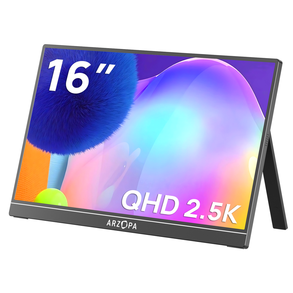 Arzopa 16" QHD+ 2.5K IPS HDR USB-C ferðaskjár, innb. kickstand, svartur