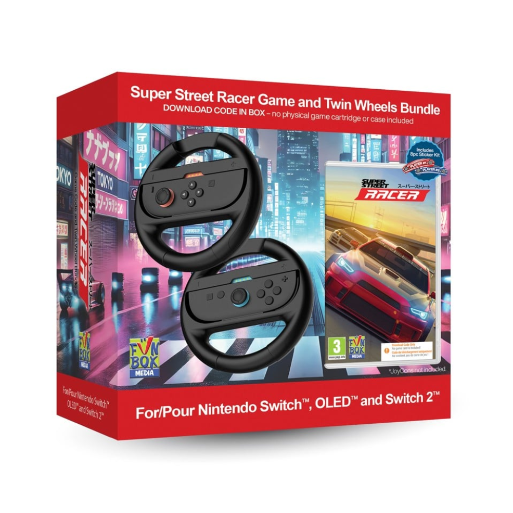 Super Street: Racer Game með 2.stk. Kappakstursstýri - Nintendo Switch 2 tölvuleikjapakki
